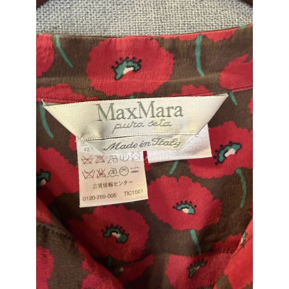 Vintage Max Mara Sz 12 Red Poppy Floral Print Silk Italy 3/4 Button Blouse Top